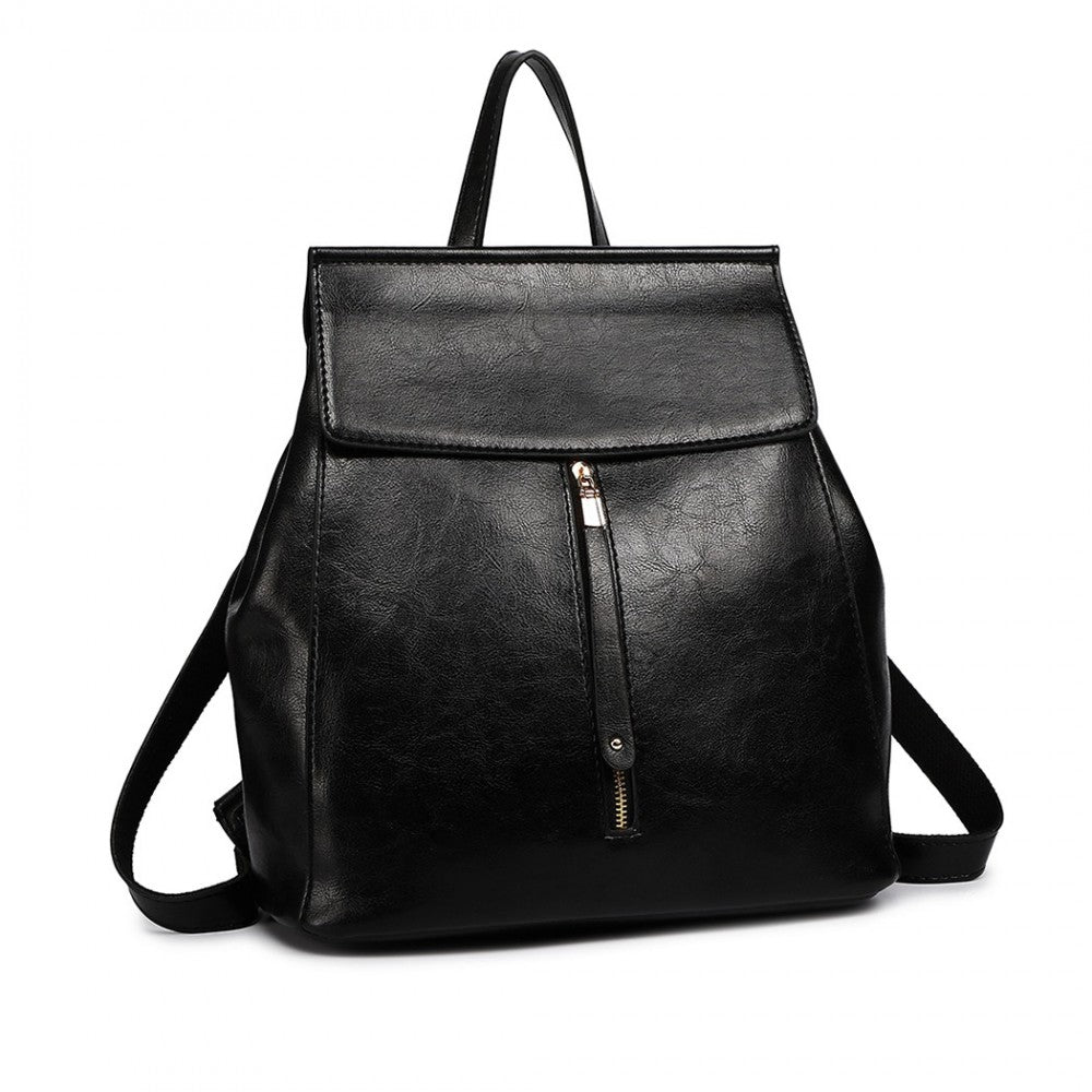 E6833 - MISS LULU VINTAGE OIL-WAX FAUX LEATHER BACKPACK - BLACK - The Baggage Shop