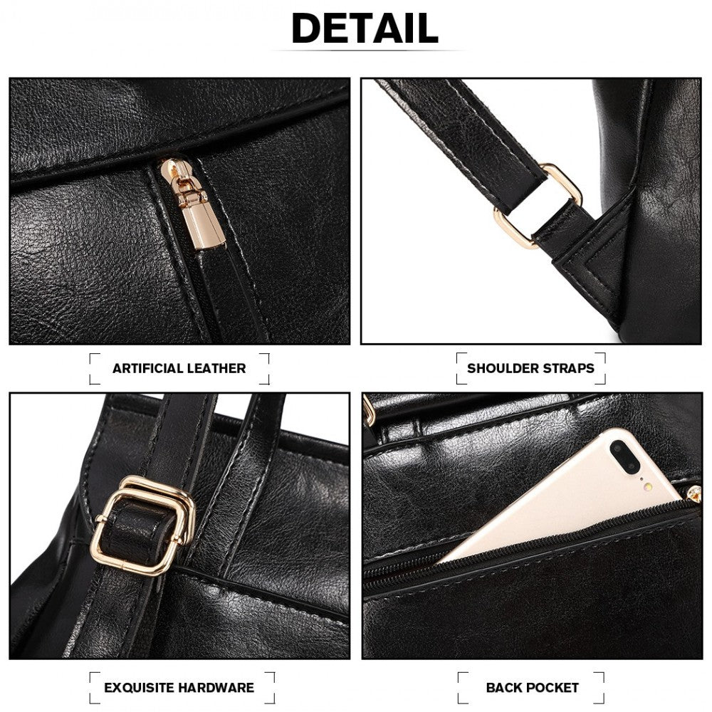 E6833 - MISS LULU VINTAGE OIL-WAX FAUX LEATHER BACKPACK - BLACK - The Baggage Shop