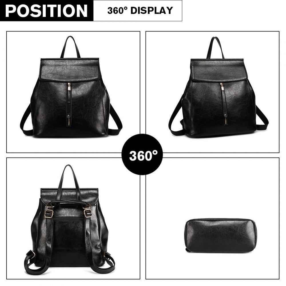 E6833 - MISS LULU VINTAGE OIL-WAX FAUX LEATHER BACKPACK - BLACK - The Baggage Shop