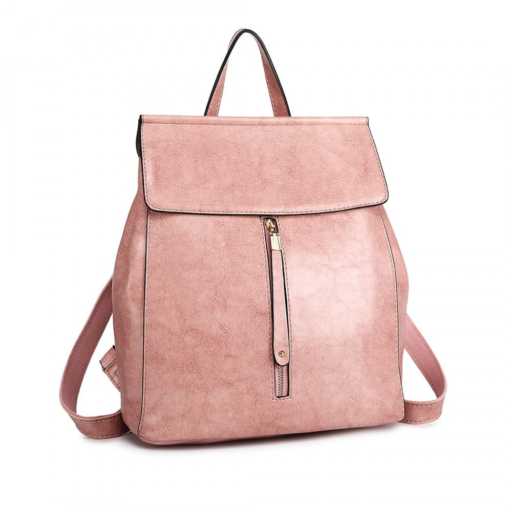 E6833 - MISS LULU VINTAGE OIL-WAX FAUX LEATHER BACKPACK - PINK - The Baggage Shop