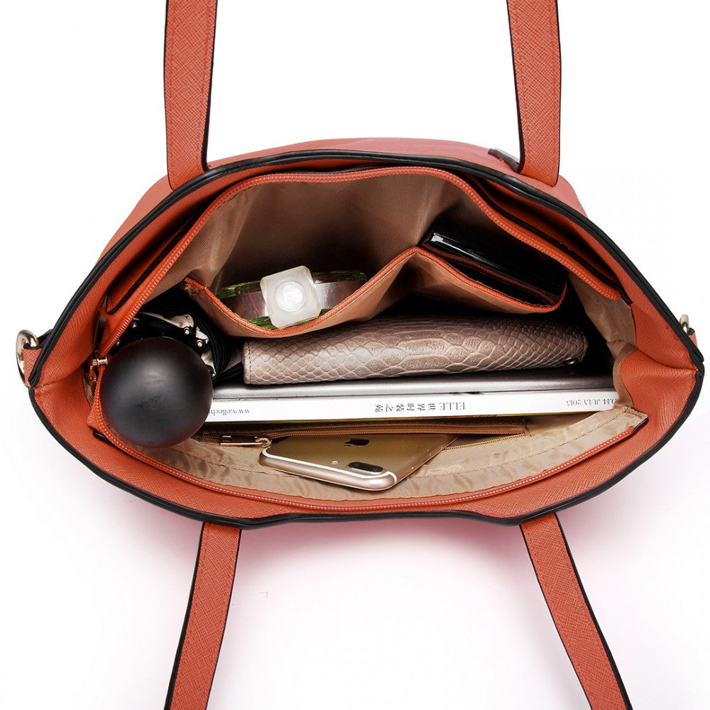LT6648 - MISS LULU THREE PIECE TOTE SHOULDER BAG AND CLUTCH - BROWN - The Baggage Shop
