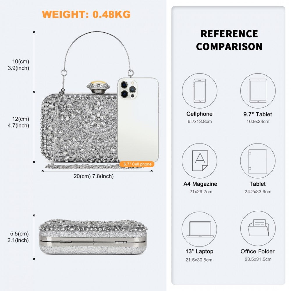 CLS2447 - ELEGANT EVENING CLUTCH BAG WITH RHINESTONE EMBELLISHMENTS DETACHABLE HANDLE AND CHAIN STRAP - SILVER - The Baggage Shop