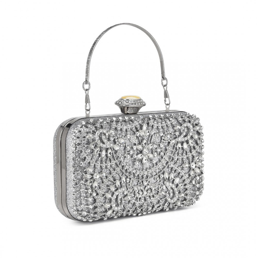 CLS2447 - ELEGANT EVENING CLUTCH BAG WITH RHINESTONE EMBELLISHMENTS DETACHABLE HANDLE AND CHAIN STRAP - SILVER - The Baggage Shop
