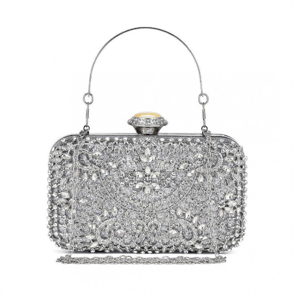 CLS2447 - ELEGANT EVENING CLUTCH BAG WITH RHINESTONE EMBELLISHMENTS DETACHABLE HANDLE AND CHAIN STRAP - SILVER - The Baggage Shop