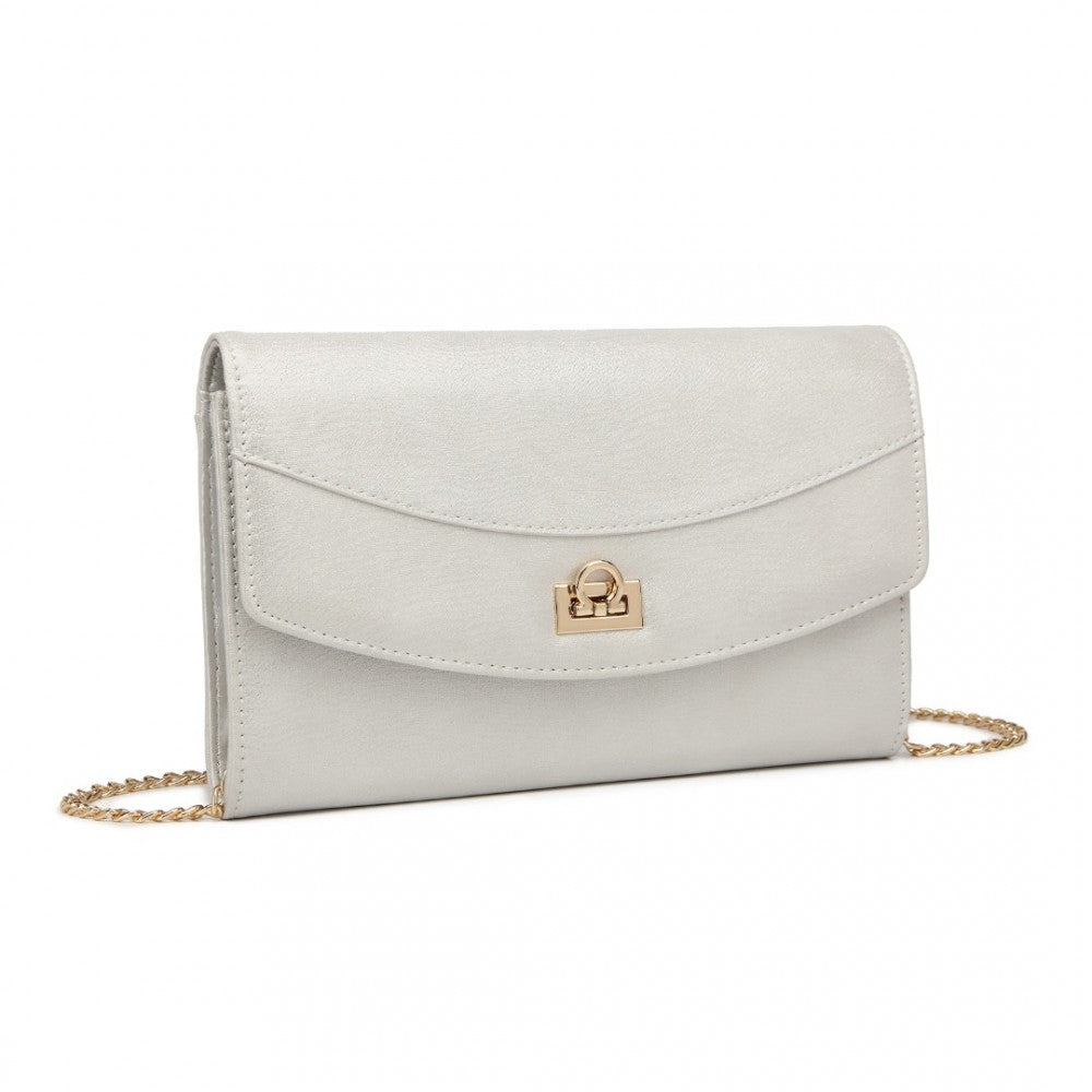 LP2219 - MISS LULU ELEGANT FLAP CLUTCH LEATHER CHAIN EVENING BAG - SILVER - The Baggage Shop