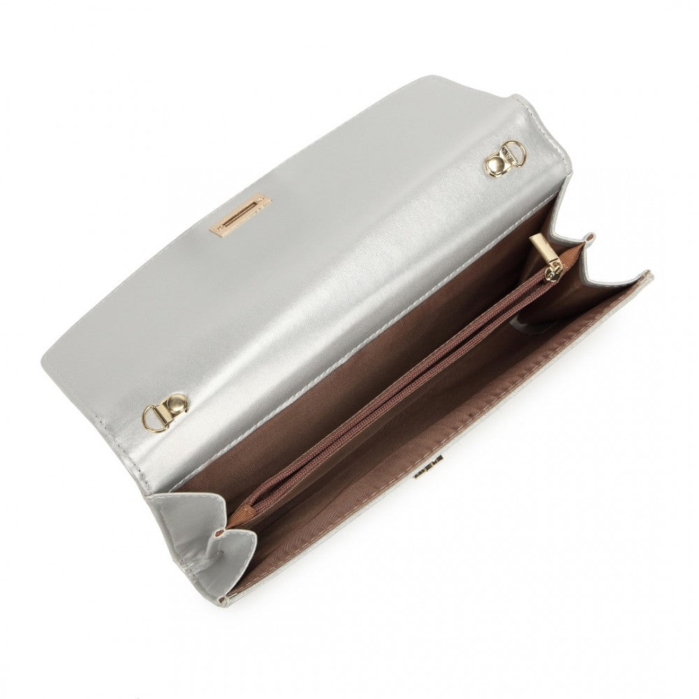 LP2219 - MISS LULU ELEGANT FLAP CLUTCH LEATHER CHAIN EVENING BAG - SILVER - The Baggage Shop