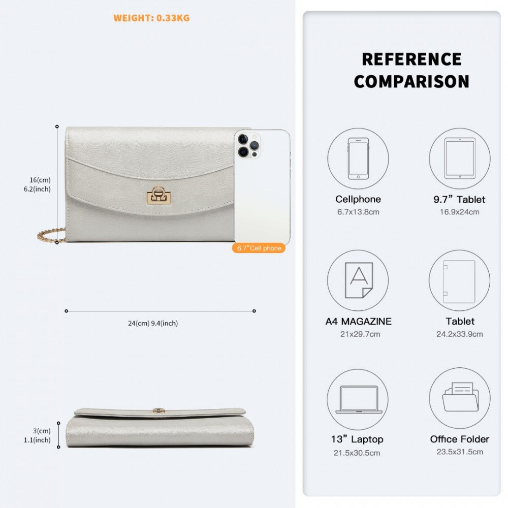 LP2219 - MISS LULU ELEGANT FLAP CLUTCH LEATHER CHAIN EVENING BAG - SILVER - The Baggage Shop