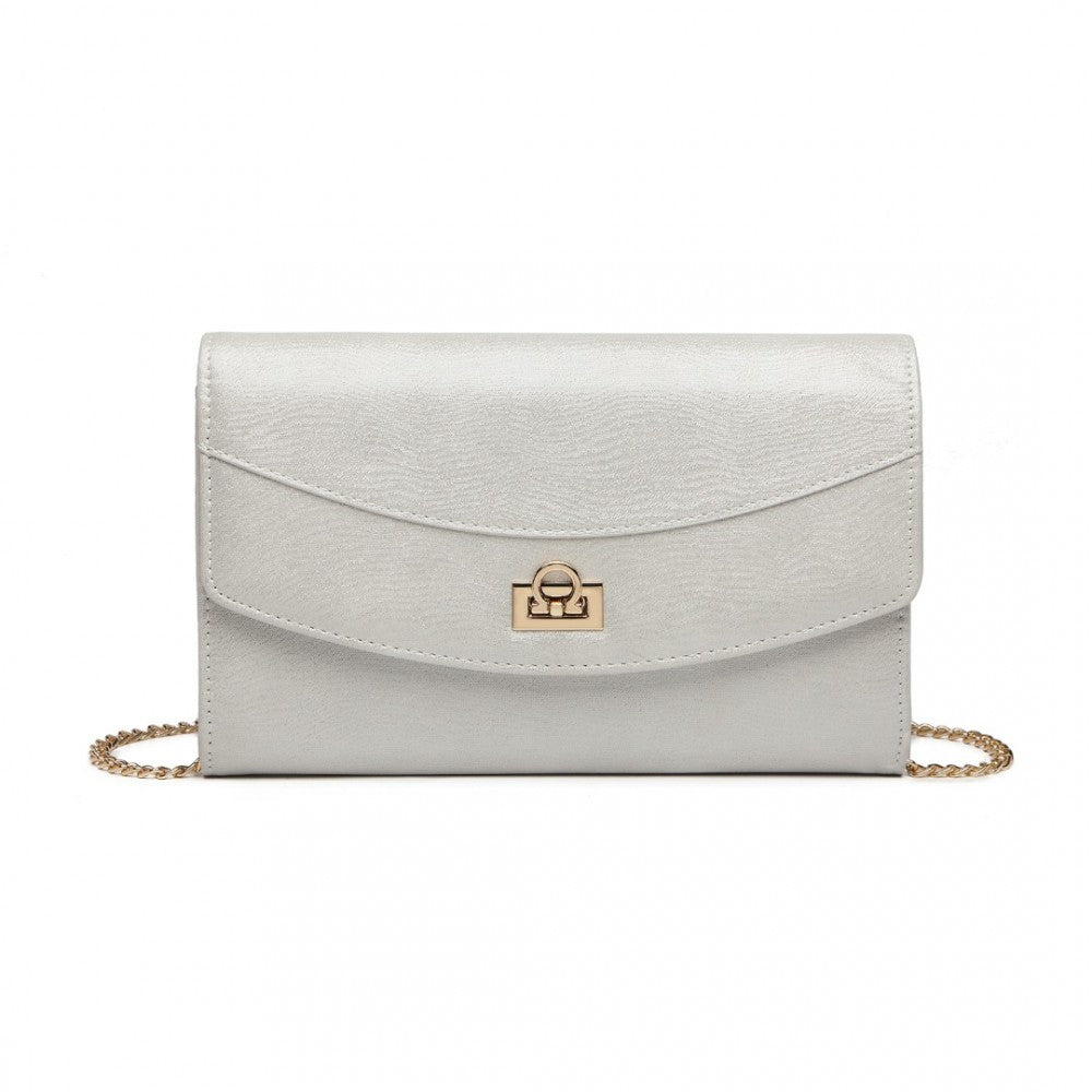 LP2219 - MISS LULU ELEGANT FLAP CLUTCH LEATHER CHAIN EVENING BAG - SILVER - The Baggage Shop