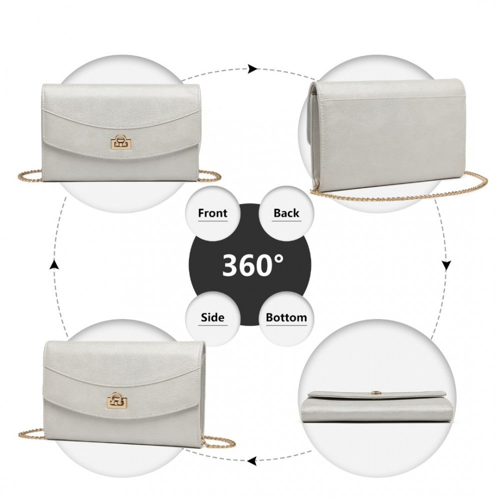 LP2219 - MISS LULU ELEGANT FLAP CLUTCH LEATHER CHAIN EVENING BAG - SILVER - The Baggage Shop