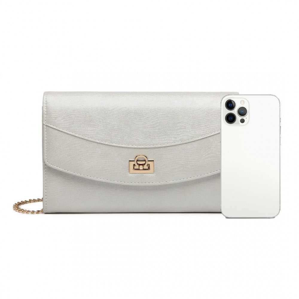 LP2219 - MISS LULU ELEGANT FLAP CLUTCH LEATHER CHAIN EVENING BAG - SILVER - The Baggage Shop