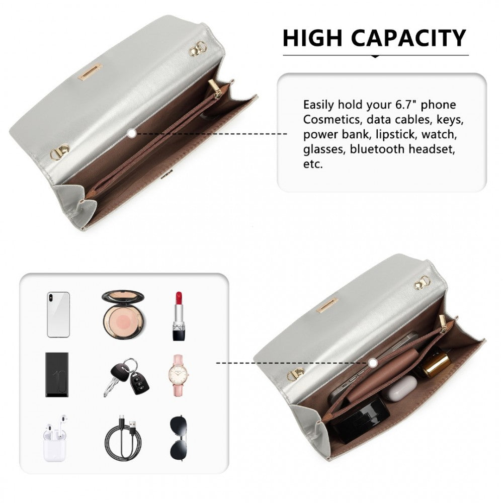 LP2219 - MISS LULU ELEGANT FLAP CLUTCH LEATHER CHAIN EVENING BAG - SILVER - The Baggage Shop