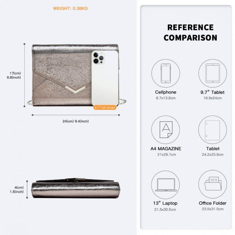 LP2306 - MISS LULU GLITTER ENVELOPE FLAP CLUTCH EVENING BAG - GREY - The Baggage Shop