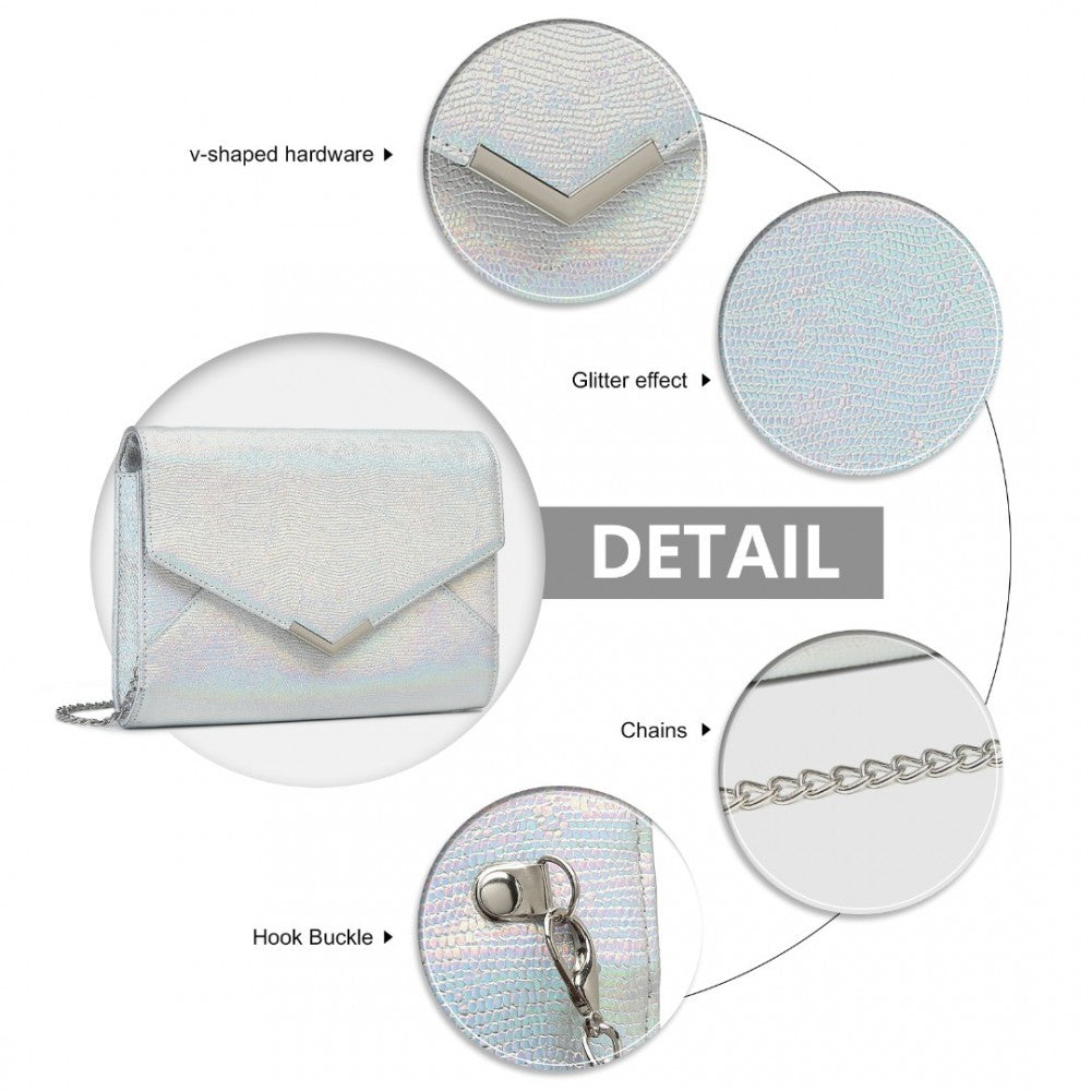 LP2306 - MISS LULU GLITTER ENVELOPE FLAP CLUTCH EVENING BAG - SILVER - The Baggage Shop