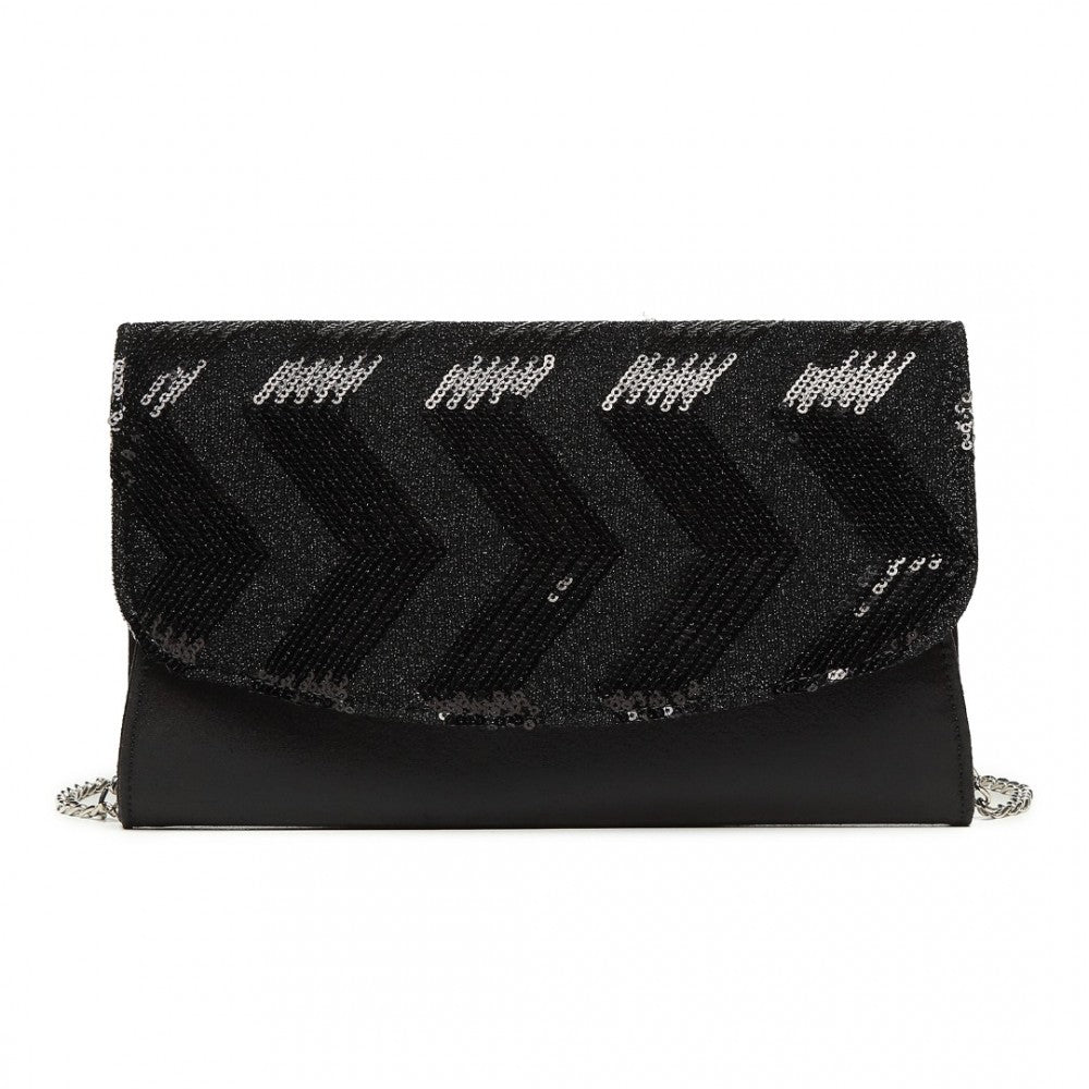 LP2311 - MISS LULU GORGEOUS SEQUINS EVENING CLUTCH BAG CHAIN SHOULDER BAG - BLACK - The Baggage Shop