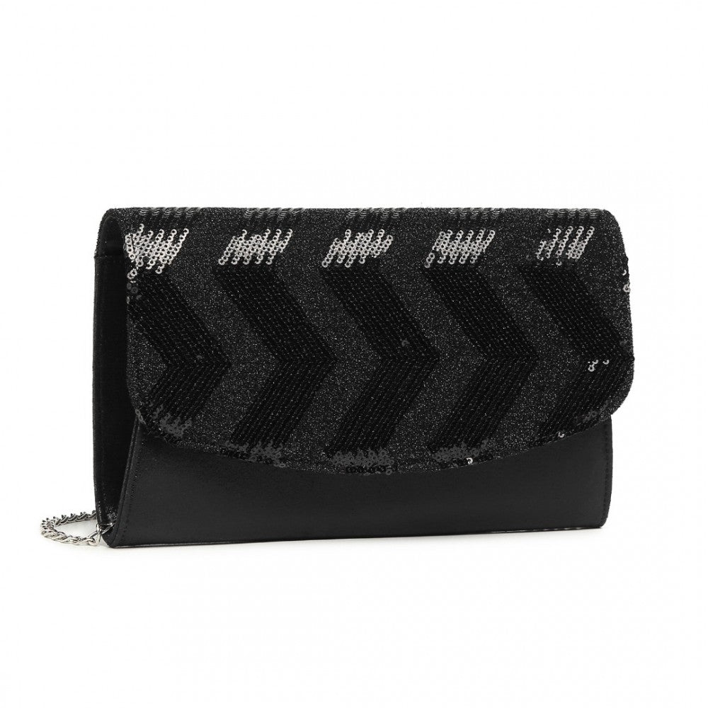 LP2311 - MISS LULU GORGEOUS SEQUINS EVENING CLUTCH BAG CHAIN SHOULDER BAG - BLACK - The Baggage Shop