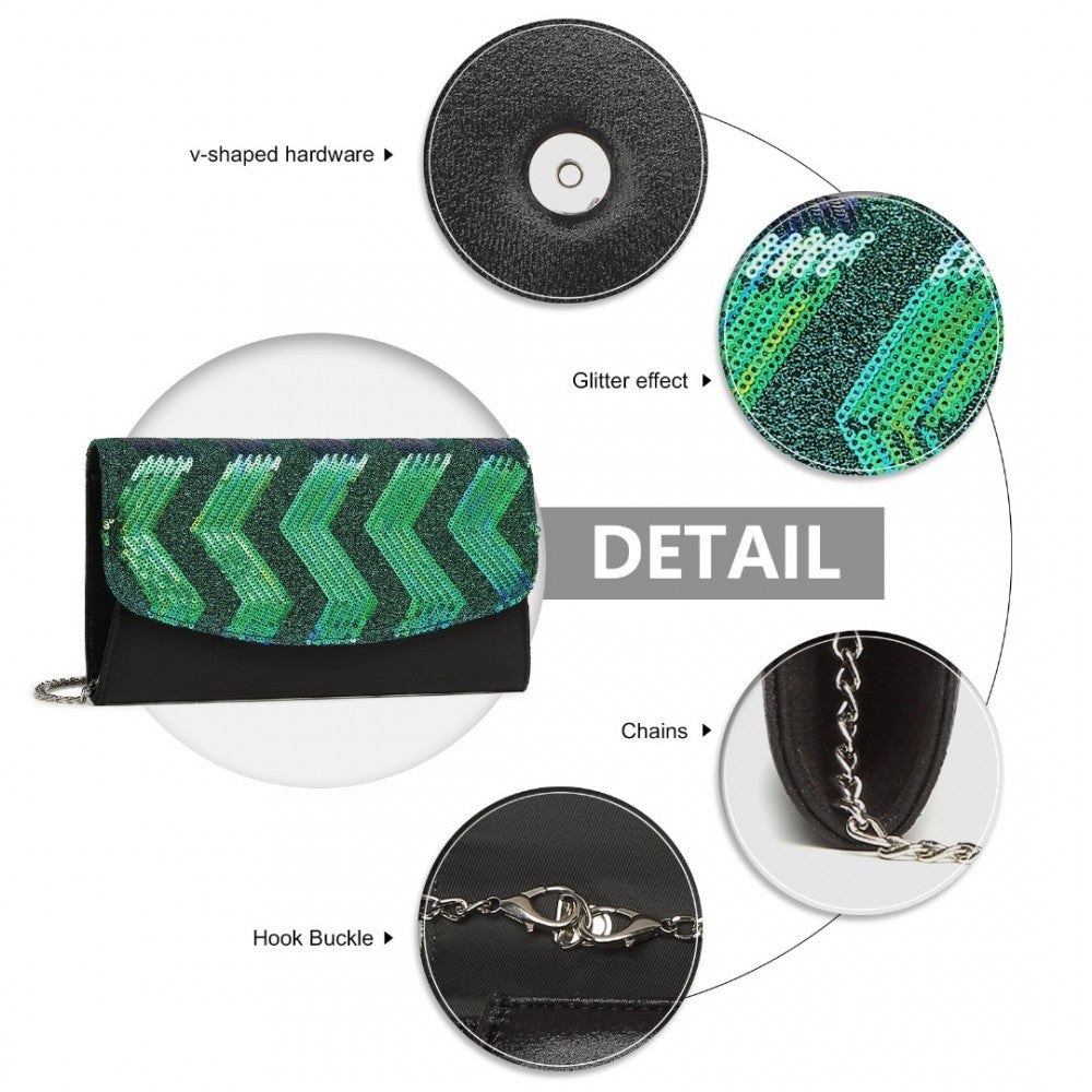 LP2311 - MISS LULU GORGEOUS SEQUINS EVENING CLUTCH BAG CHAIN SHOULDER BAG - BLACK AND GREEN - The Baggage Shop