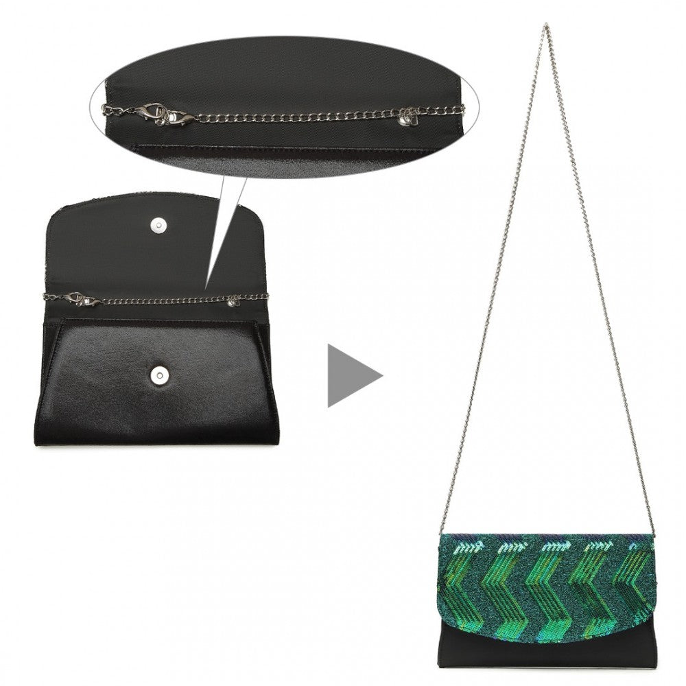 LP2311 - MISS LULU GORGEOUS SEQUINS EVENING CLUTCH BAG CHAIN SHOULDER BAG - BLACK AND GREEN - The Baggage Shop