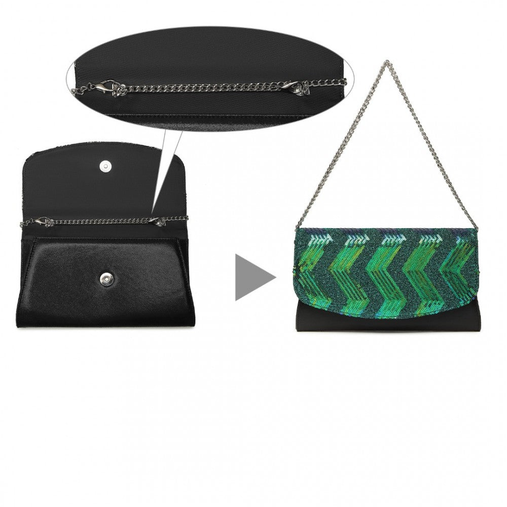LP2311 - MISS LULU GORGEOUS SEQUINS EVENING CLUTCH BAG CHAIN SHOULDER BAG - BLACK AND GREEN - The Baggage Shop