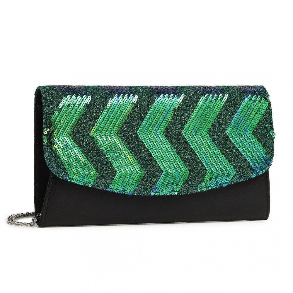 LP2311 - MISS LULU GORGEOUS SEQUINS EVENING CLUTCH BAG CHAIN SHOULDER BAG - BLACK AND GREEN - The Baggage Shop