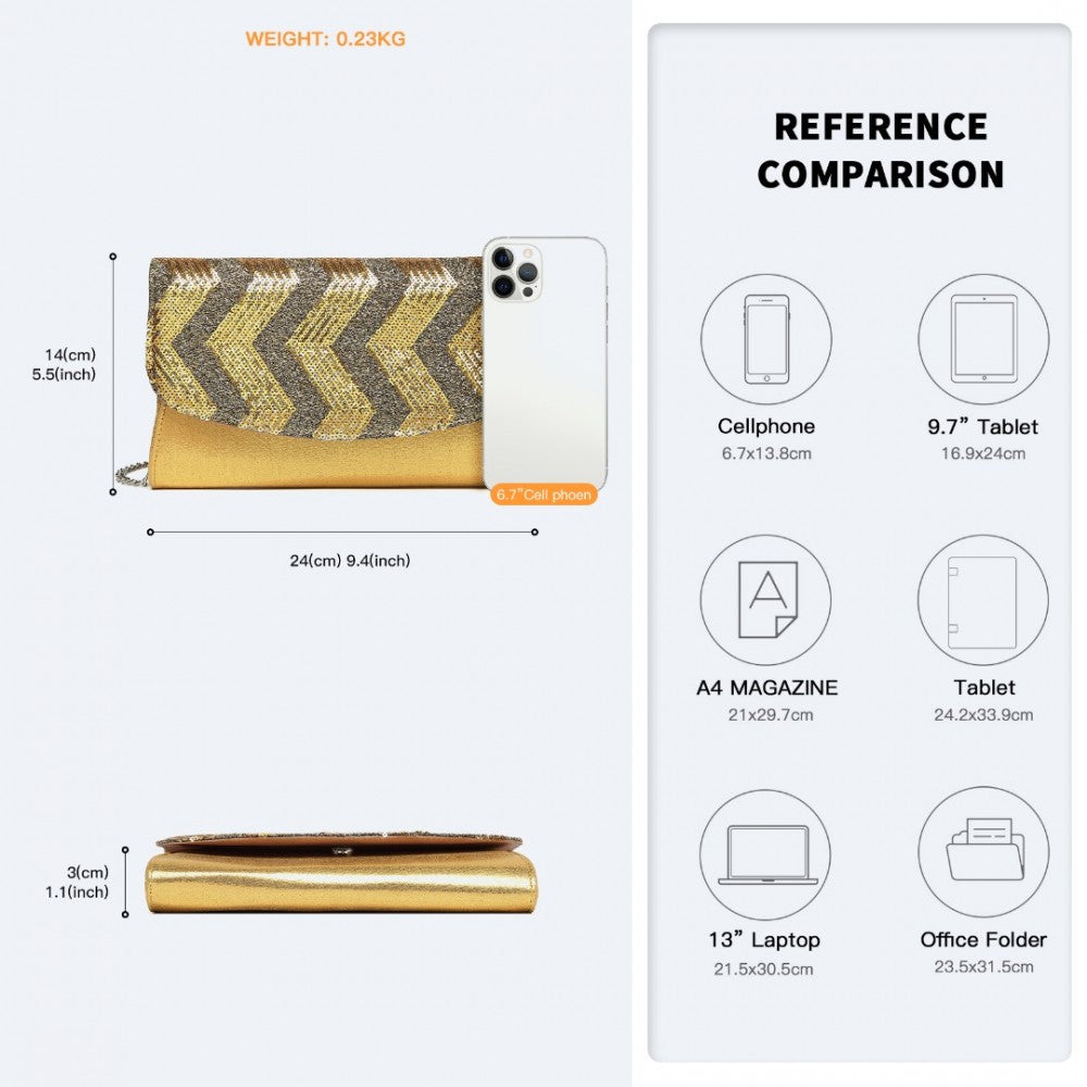 LP2311 - MISS LULU GORGEOUS SEQUINS EVENING CLUTCH BAG CHAIN SHOULDER BAG - GOLD - The Baggage Shop
