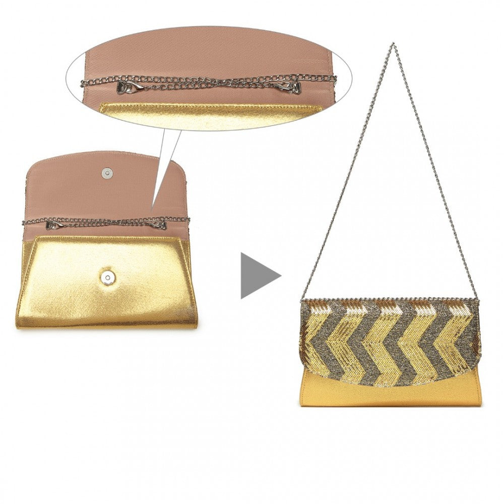 LP2311 - MISS LULU GORGEOUS SEQUINS EVENING CLUTCH BAG CHAIN SHOULDER BAG - GOLD - The Baggage Shop