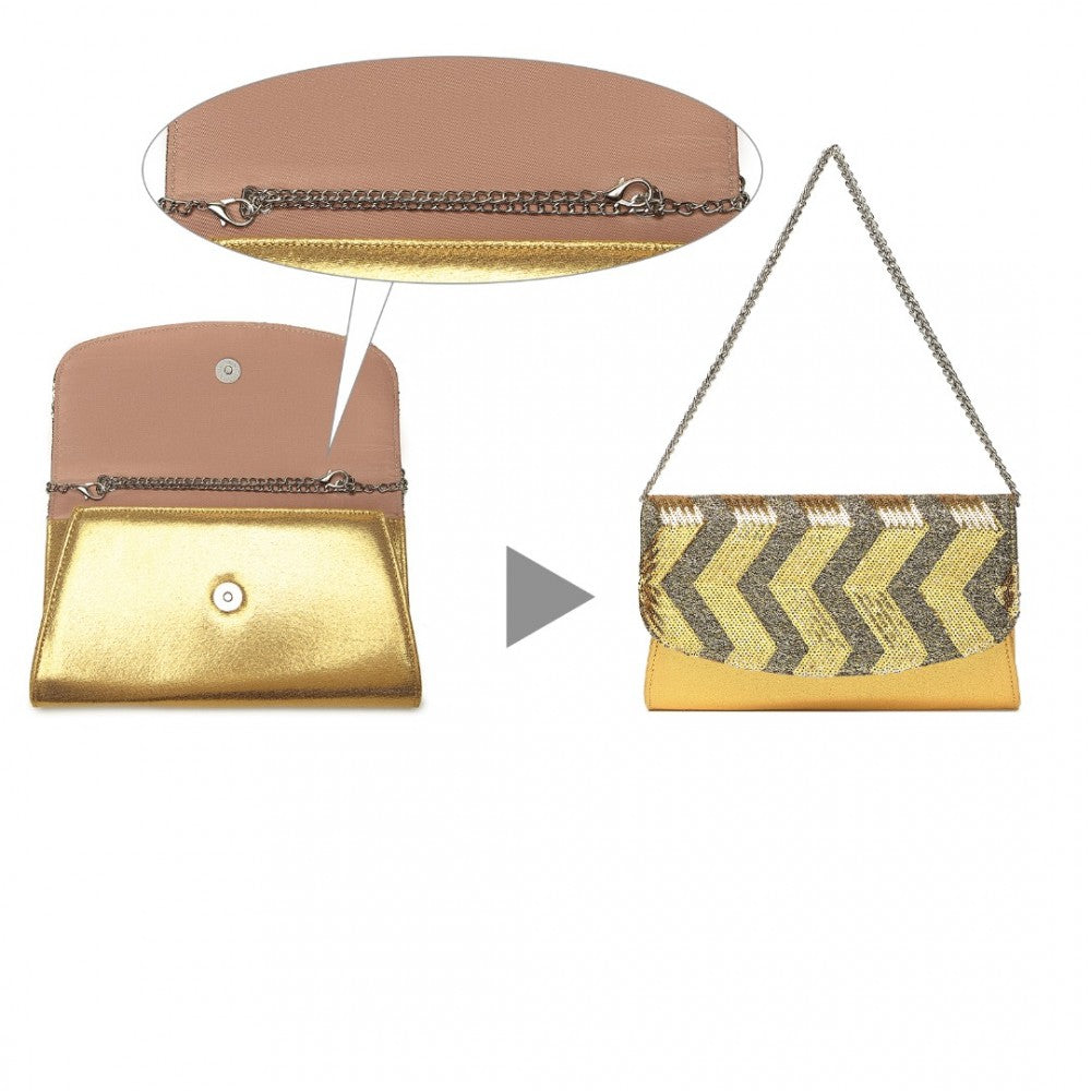LP2311 - MISS LULU GORGEOUS SEQUINS EVENING CLUTCH BAG CHAIN SHOULDER BAG - GOLD - The Baggage Shop