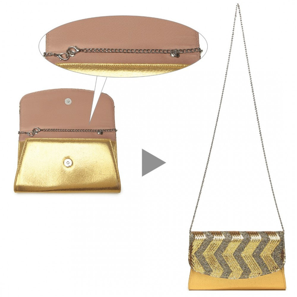 LP2311 - MISS LULU GORGEOUS SEQUINS EVENING CLUTCH BAG CHAIN SHOULDER BAG - GOLD - The Baggage Shop