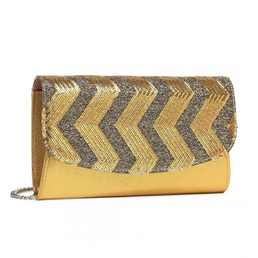 LP2311 - MISS LULU GORGEOUS SEQUINS EVENING CLUTCH BAG CHAIN SHOULDER BAG - GOLD - The Baggage Shop