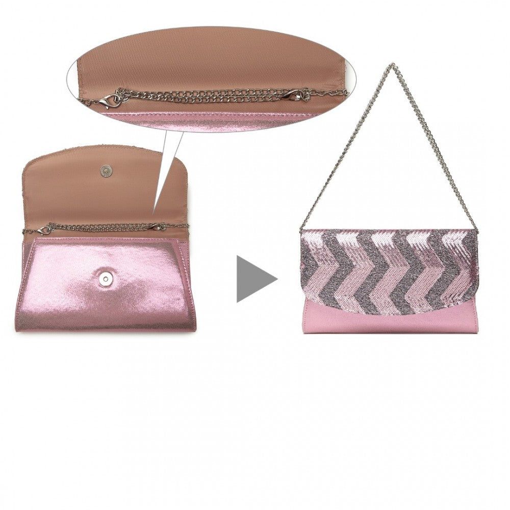 LP2311 - MISS LULU GORGEOUS SEQUINS EVENING CLUTCH BAG CHAIN SHOULDER BAG - PINK - The Baggage Shop