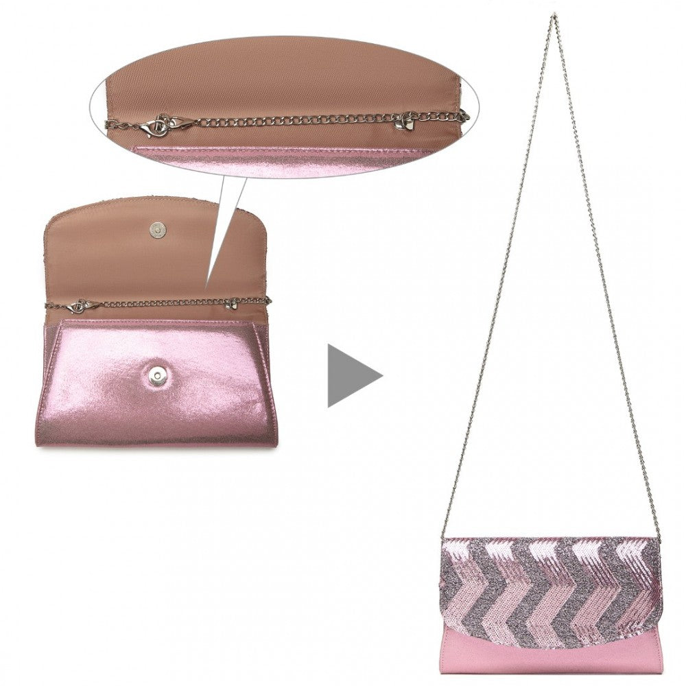 LP2311 - MISS LULU GORGEOUS SEQUINS EVENING CLUTCH BAG CHAIN SHOULDER BAG - PINK - The Baggage Shop