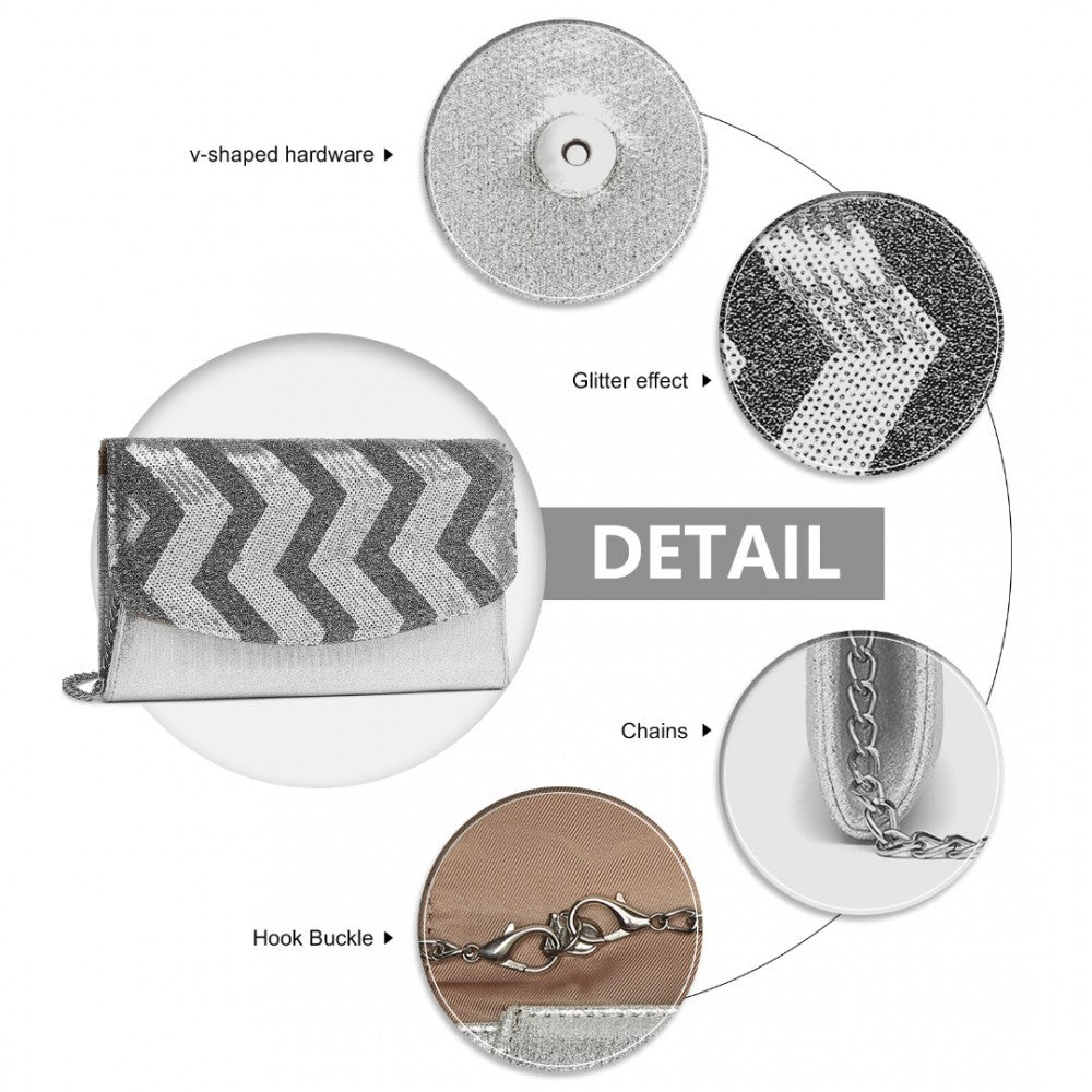 LP2311 - MISS LULU GORGEOUS SEQUINS EVENING CLUTCH BAG CHAIN SHOULDER BAG - SILVER - The Baggage Shop