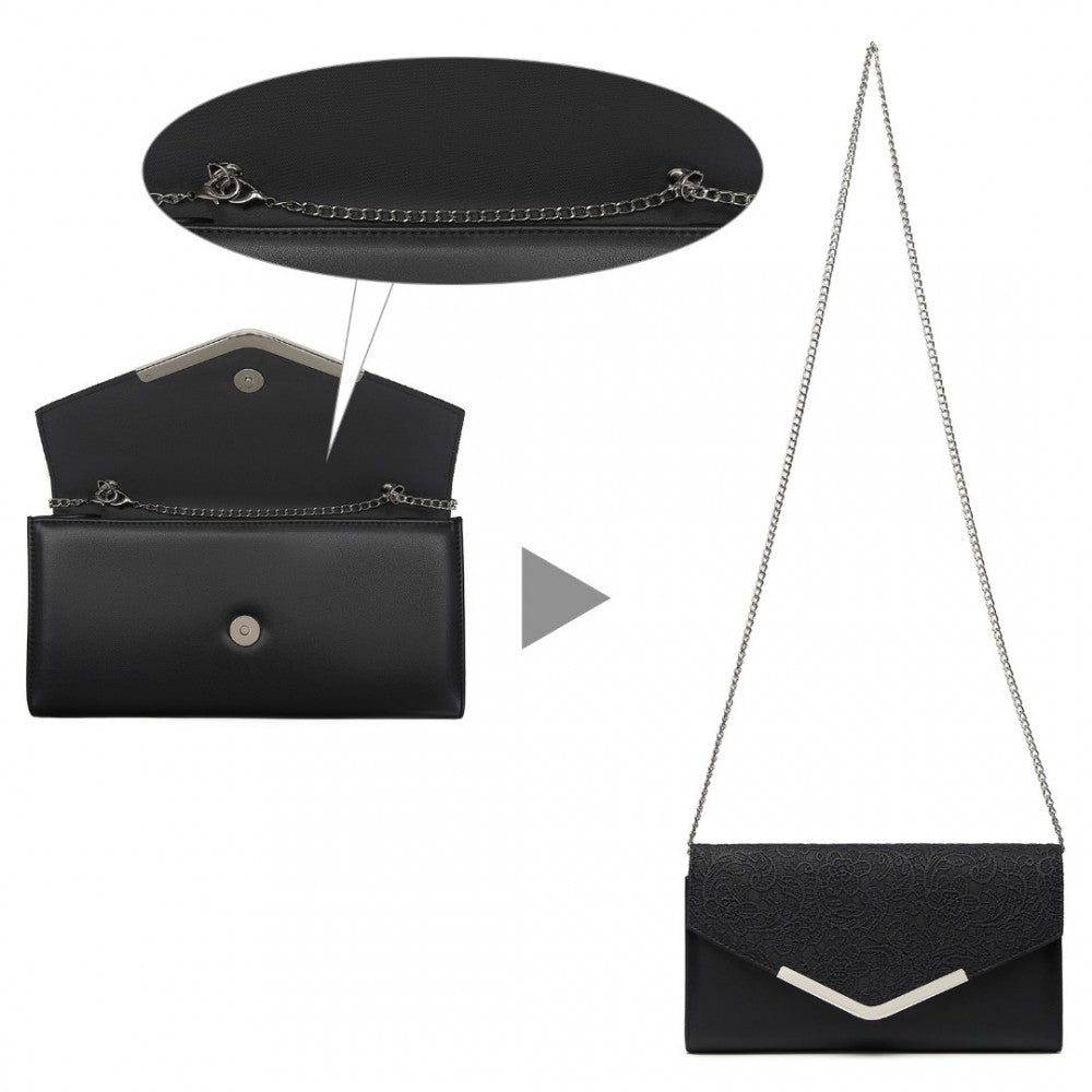 LP2312 - MISS LULU LACE ENVELOPE FLAP CLUTCH EVENING BAG - BLACK - The Baggage Shop