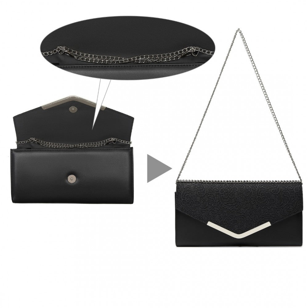 LP2312 - MISS LULU LACE ENVELOPE FLAP CLUTCH EVENING BAG - BLACK - The Baggage Shop