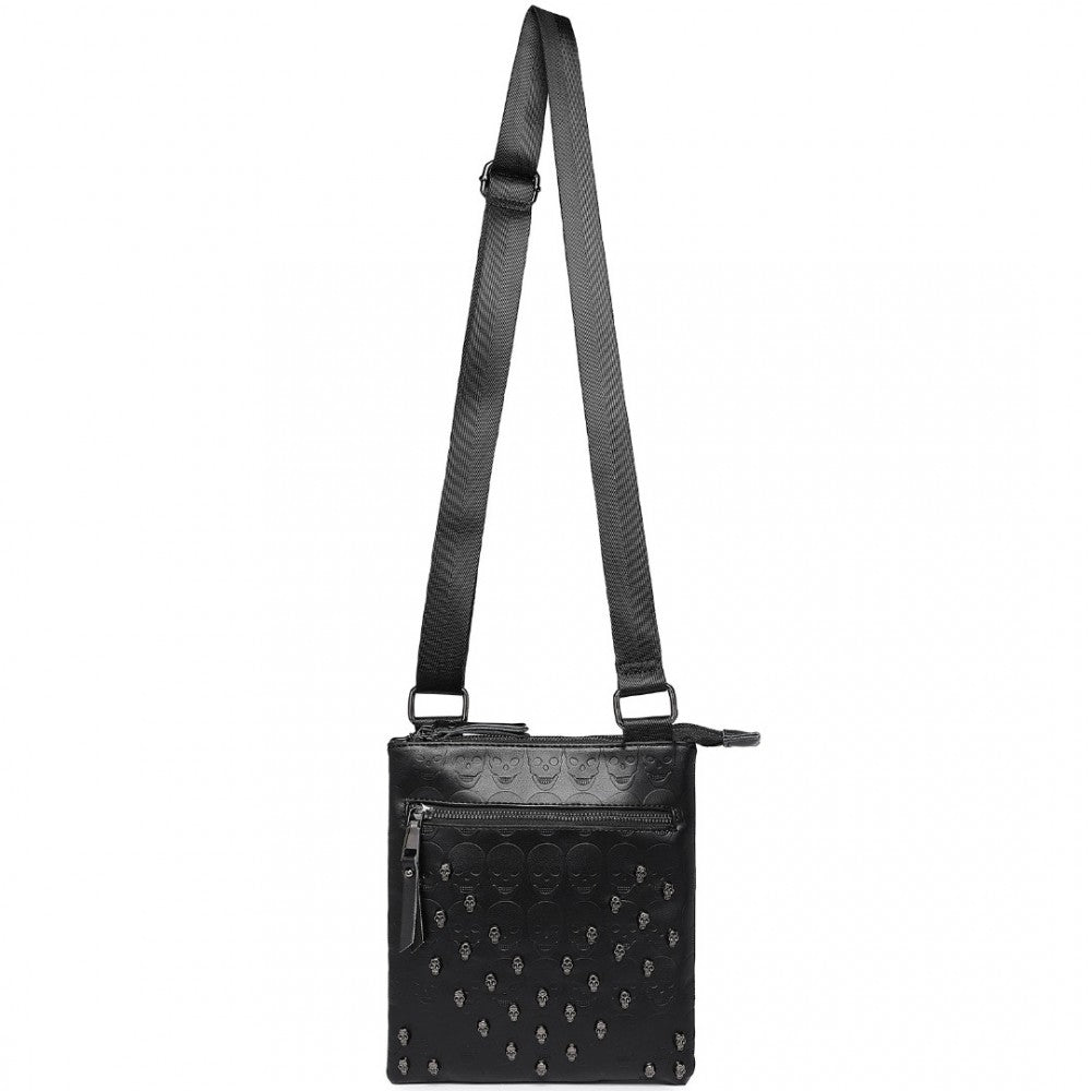 LH2419 - MISS LULU STYLISH GOTHIC SKULL EMBOSSED PU LEATHER CROSSBODY MESSENGER BAG WITH METAL ACCENTS - BLACK - The Baggage Shop