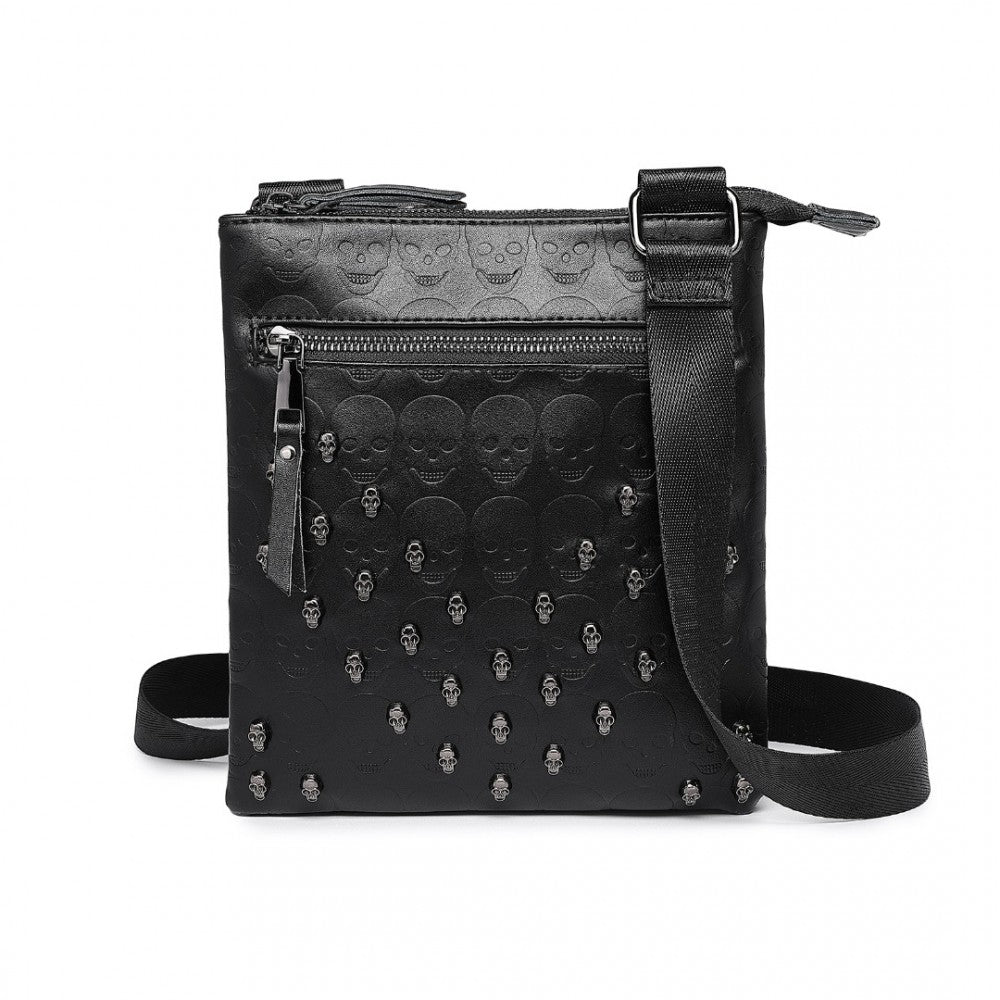 LH2419 - MISS LULU STYLISH GOTHIC SKULL EMBOSSED PU LEATHER CROSSBODY MESSENGER BAG WITH METAL ACCENTS - BLACK - The Baggage Shop