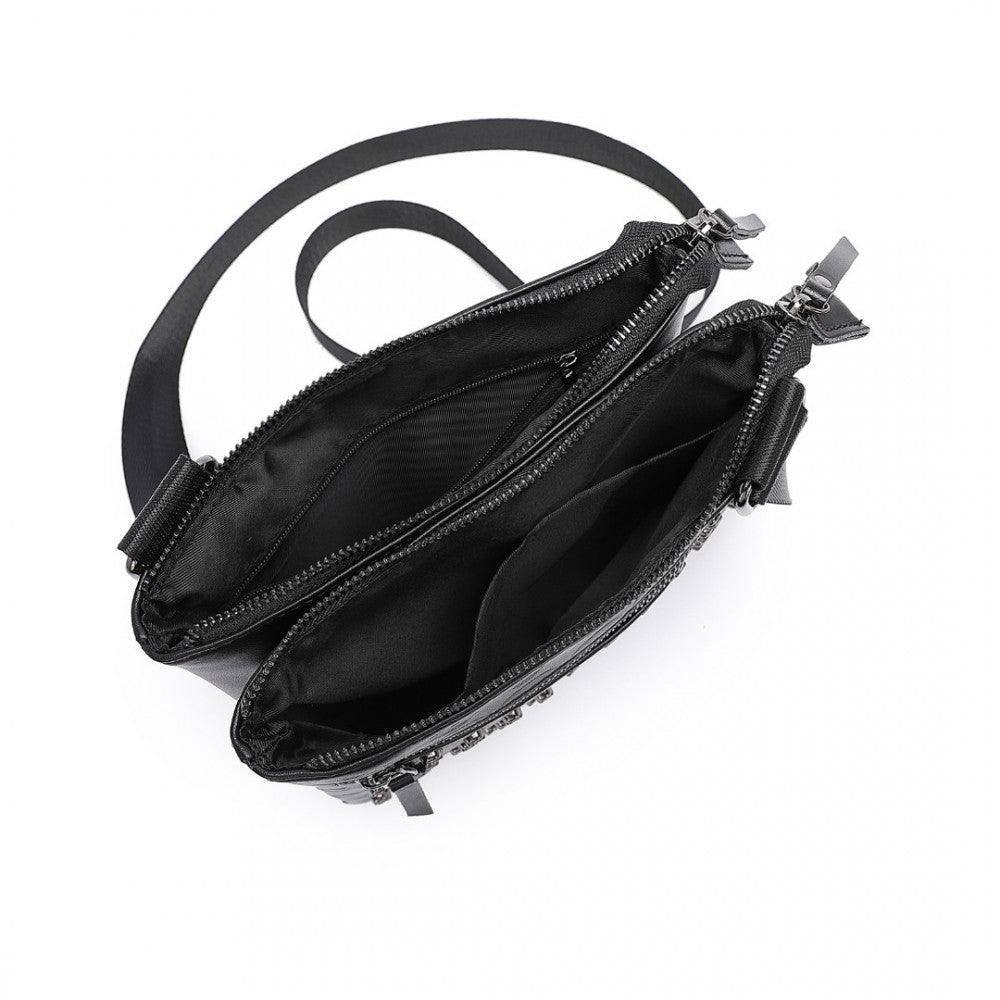 LH2419 - MISS LULU STYLISH GOTHIC SKULL EMBOSSED PU LEATHER CROSSBODY MESSENGER BAG WITH METAL ACCENTS - BLACK - The Baggage Shop