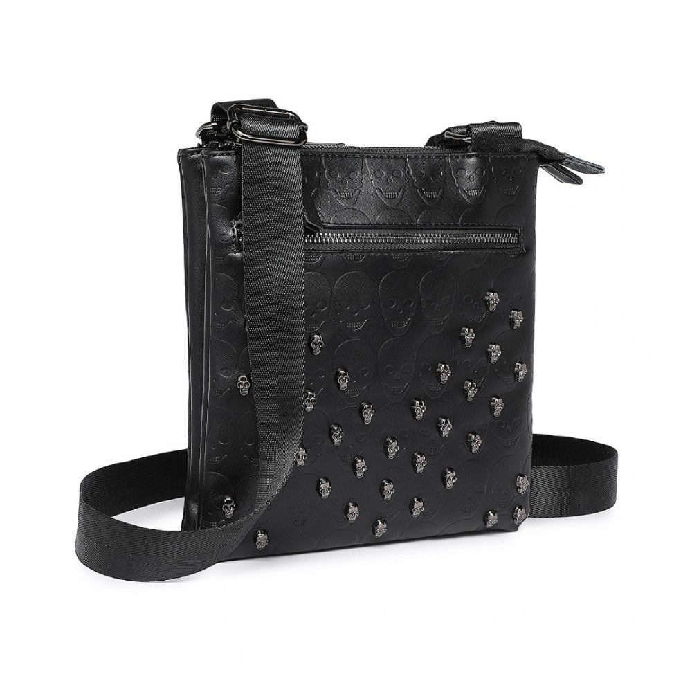 LH2419 - MISS LULU STYLISH GOTHIC SKULL EMBOSSED PU LEATHER CROSSBODY MESSENGER BAG WITH METAL ACCENTS - BLACK - The Baggage Shop