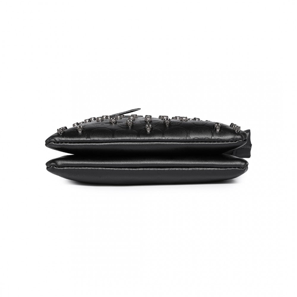 LH2419 - MISS LULU STYLISH GOTHIC SKULL EMBOSSED PU LEATHER CROSSBODY MESSENGER BAG WITH METAL ACCENTS - BLACK - The Baggage Shop
