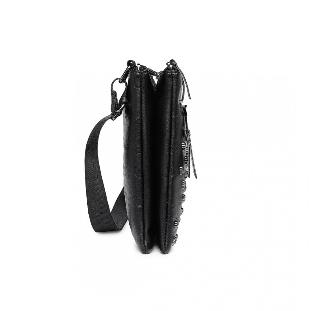 LH2419 - MISS LULU STYLISH GOTHIC SKULL EMBOSSED PU LEATHER CROSSBODY MESSENGER BAG WITH METAL ACCENTS - BLACK - The Baggage Shop