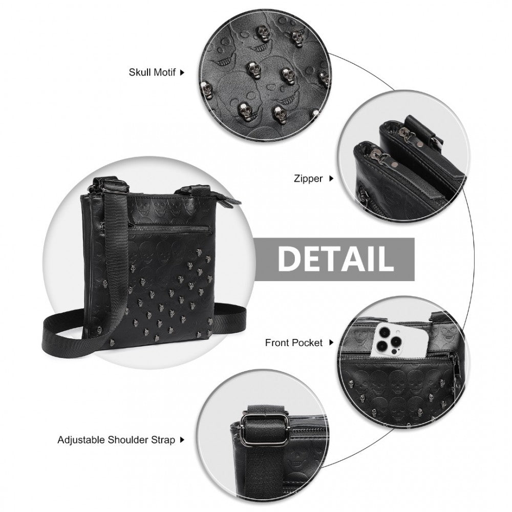 LH2419 - MISS LULU STYLISH GOTHIC SKULL EMBOSSED PU LEATHER CROSSBODY MESSENGER BAG WITH METAL ACCENTS - BLACK - The Baggage Shop