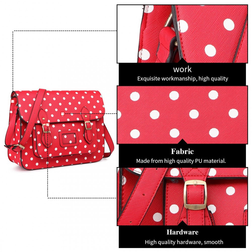 LT1665D2 - MISS LULU POLKA DOT LEATHER LOOK SCHOOL WORK SATCHEL RED - The Baggage Shop