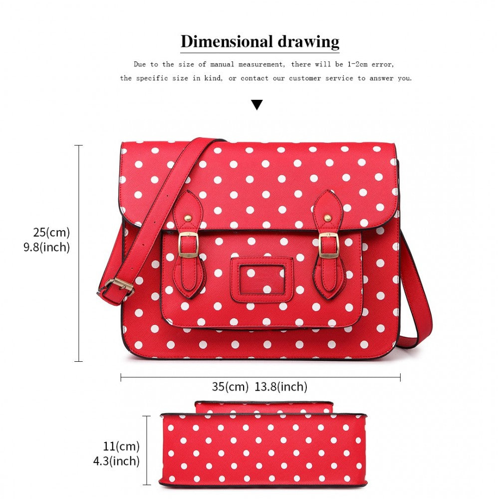 LT1665D2 - MISS LULU POLKA DOT LEATHER LOOK SCHOOL WORK SATCHEL RED - The Baggage Shop