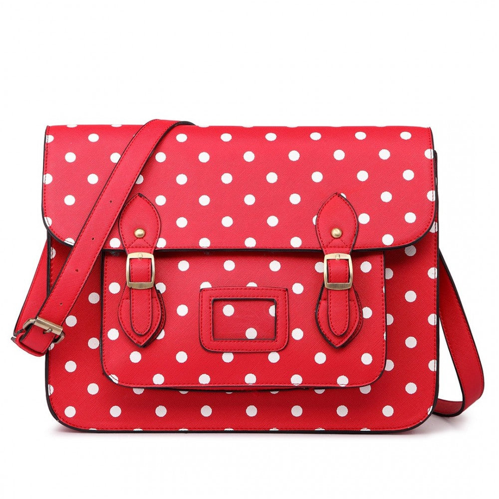 LT1665D2 - MISS LULU POLKA DOT LEATHER LOOK SCHOOL WORK SATCHEL RED - The Baggage Shop