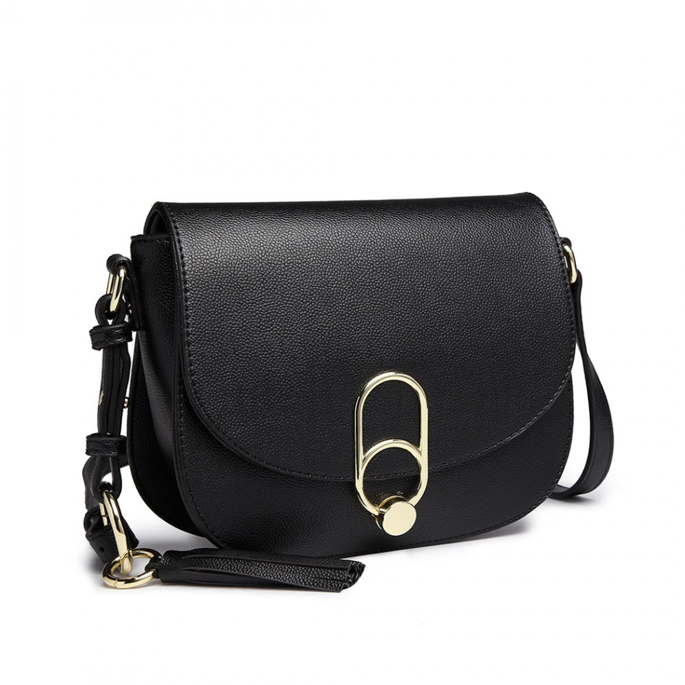 LZ1831 - MISS LULU CROSS BODY SADDLE BAG - BLACK - The Baggage Shop