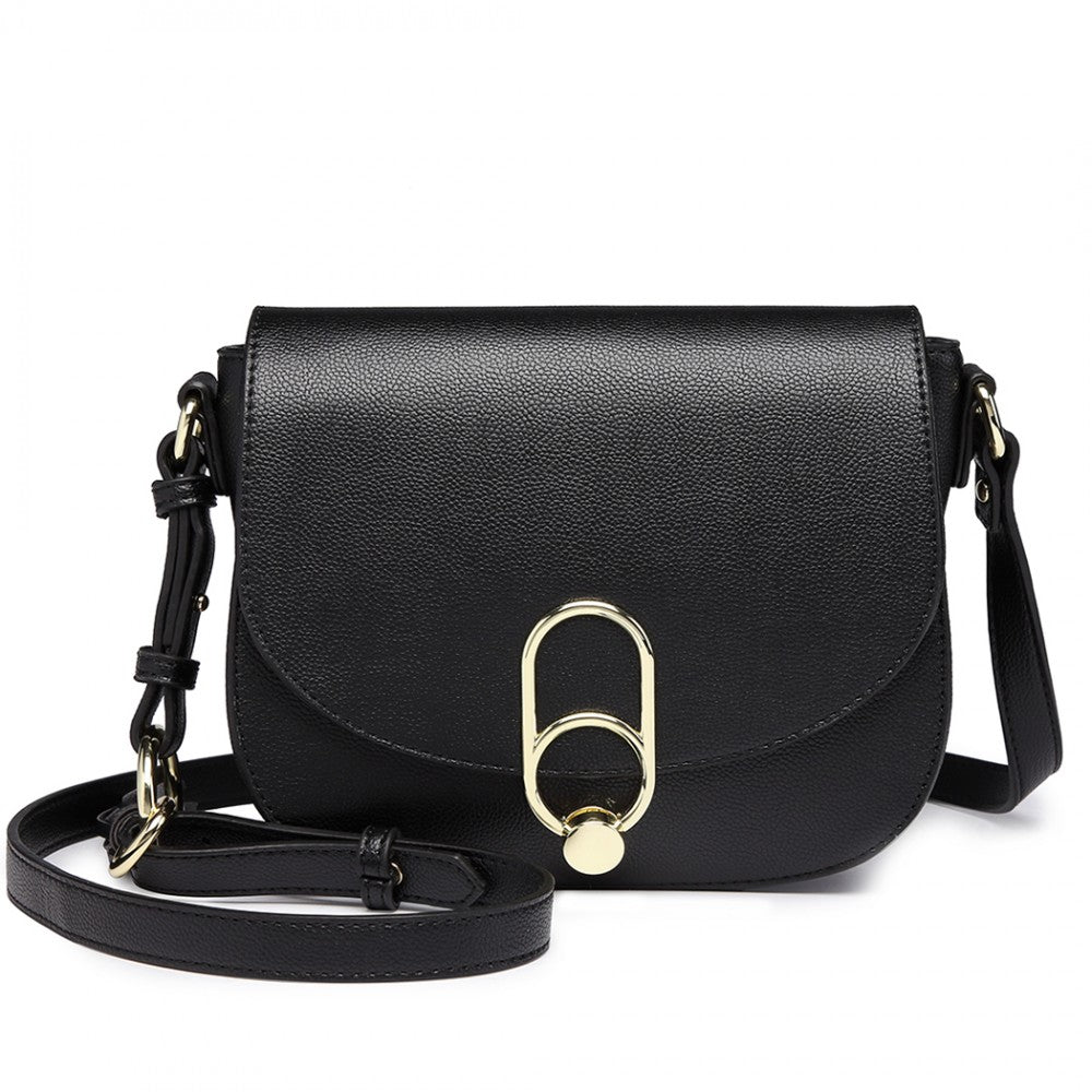 LZ1831 - MISS LULU CROSS BODY SADDLE BAG - BLACK - The Baggage Shop