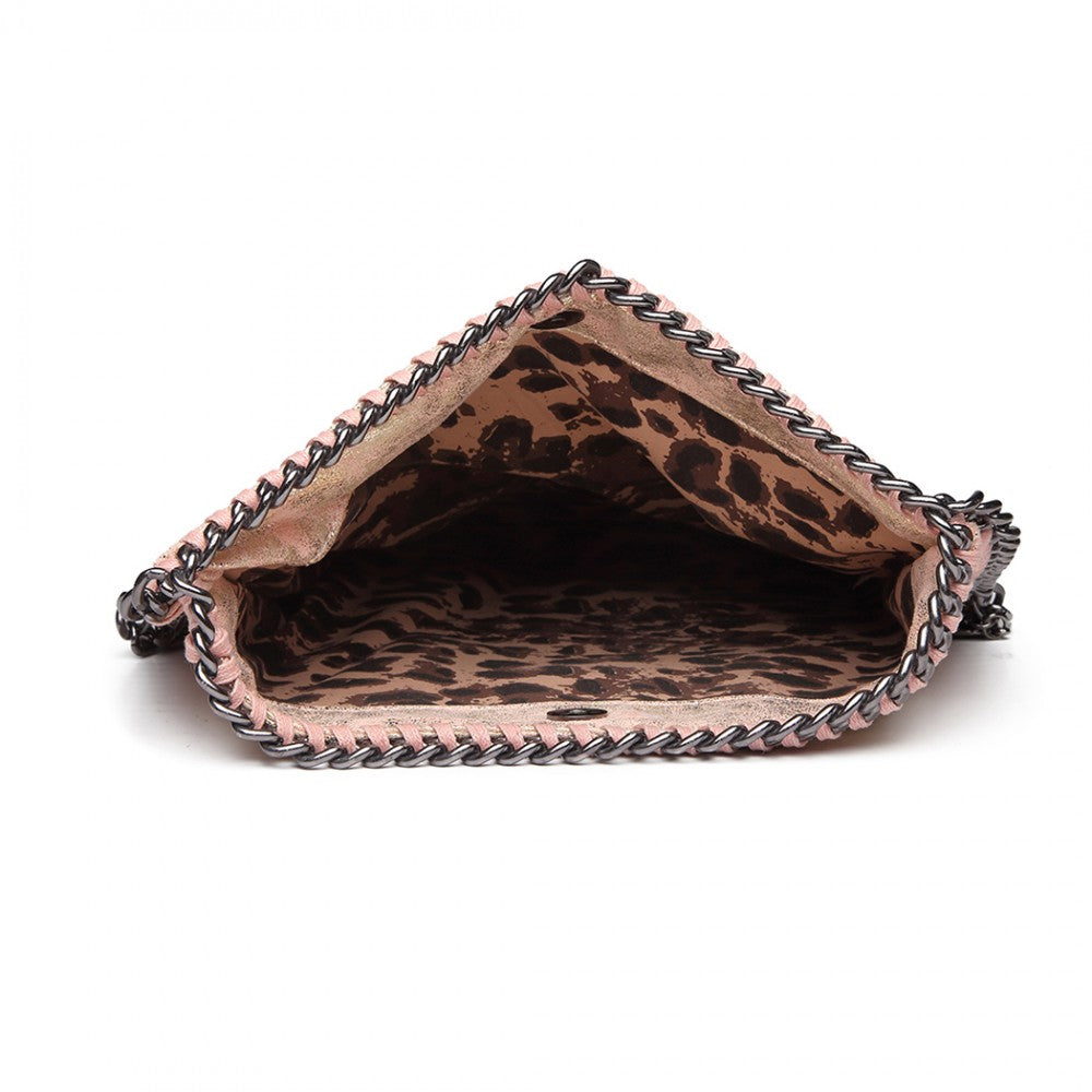 E6843 - MISS LULU LEATHER LOOK FOLDED METAL CHAIN CLUTCH SHOULDER BAG - PINK - The Baggage Shop