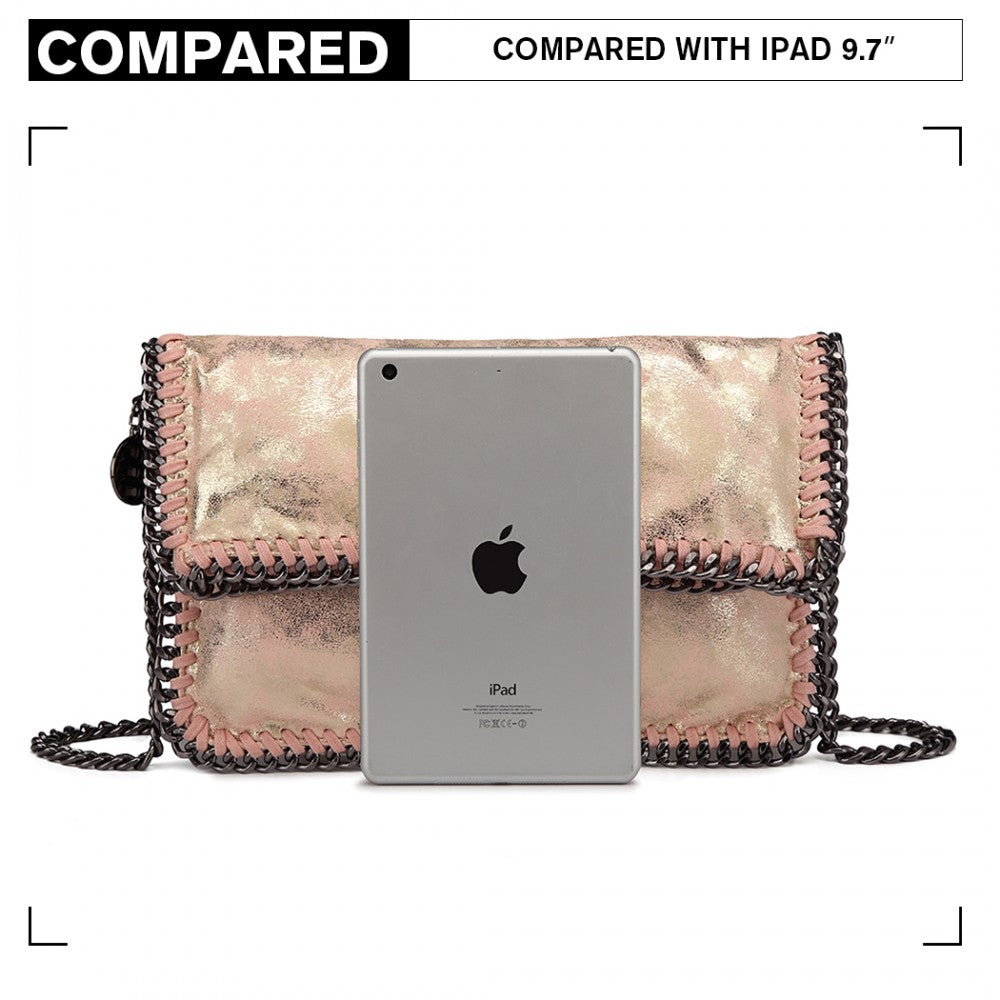E6843 - MISS LULU LEATHER LOOK FOLDED METAL CHAIN CLUTCH SHOULDER BAG - PINK - The Baggage Shop