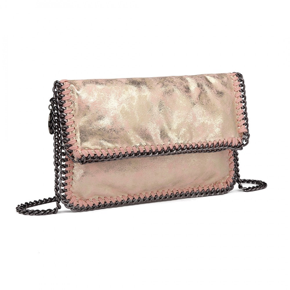 E6843 - MISS LULU LEATHER LOOK FOLDED METAL CHAIN CLUTCH SHOULDER BAG - PINK - The Baggage Shop