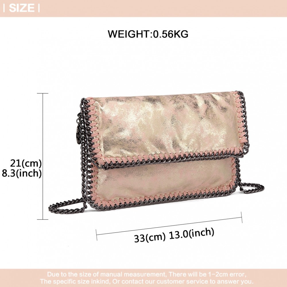 E6843 - MISS LULU LEATHER LOOK FOLDED METAL CHAIN CLUTCH SHOULDER BAG - PINK - The Baggage Shop