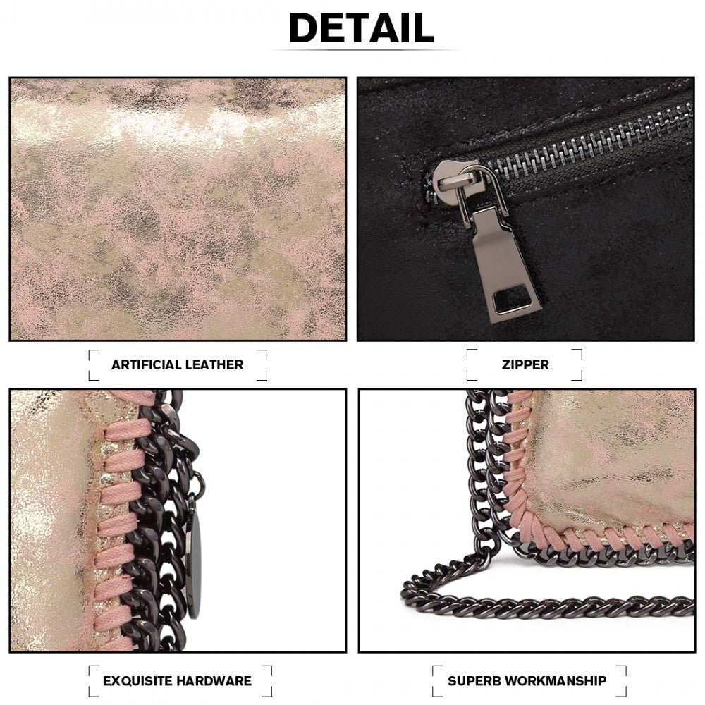 E6843 - MISS LULU LEATHER LOOK FOLDED METAL CHAIN CLUTCH SHOULDER BAG - PINK - The Baggage Shop